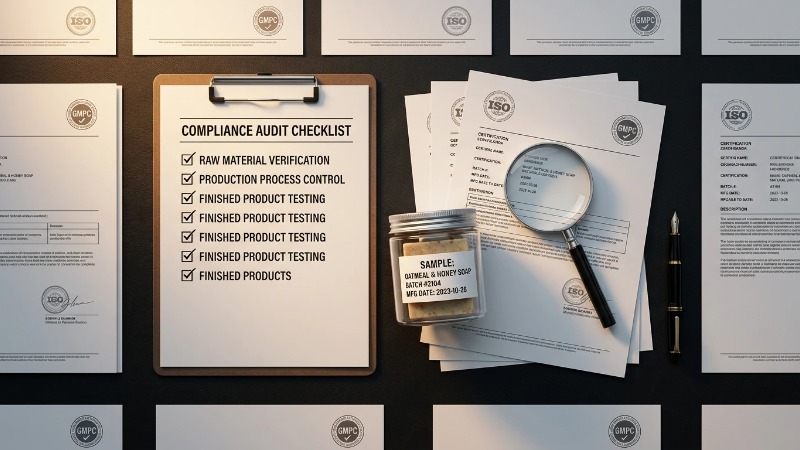 Overhead flat lay of certification documents and soap sample Overhead flat lay of certification documents and soap sample