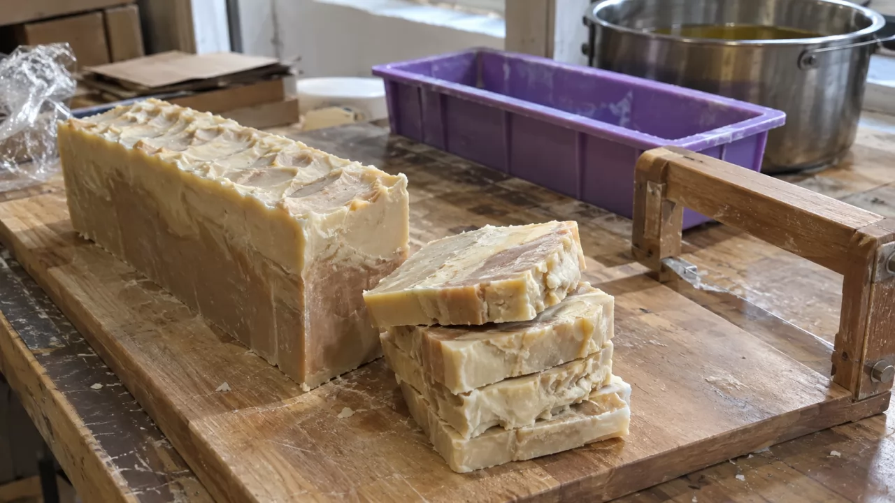 product-1280-720 Frisch geschnittene Cold-Process-Seife auf einem Holzbrett in der Werkstatt