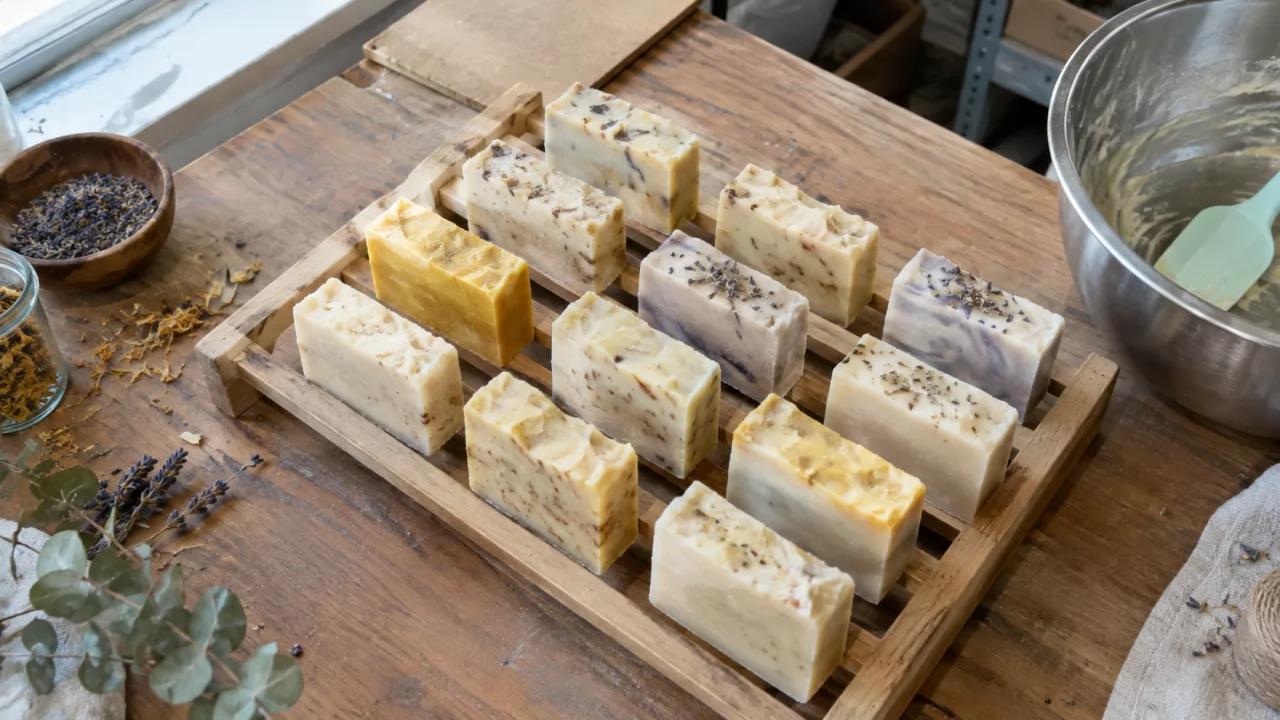 Barres de savon artisanal en cours de séchage sur une claie en bois