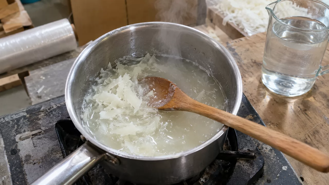 Geriebene Seife schmilzt im Topf zu einem trüben Gel, daneben ein Krug Wasser