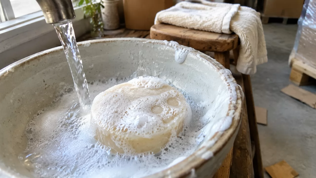 product-1280-720 Barra de champú con espuma cremosa bajo el agua en un lavabo de cerámica