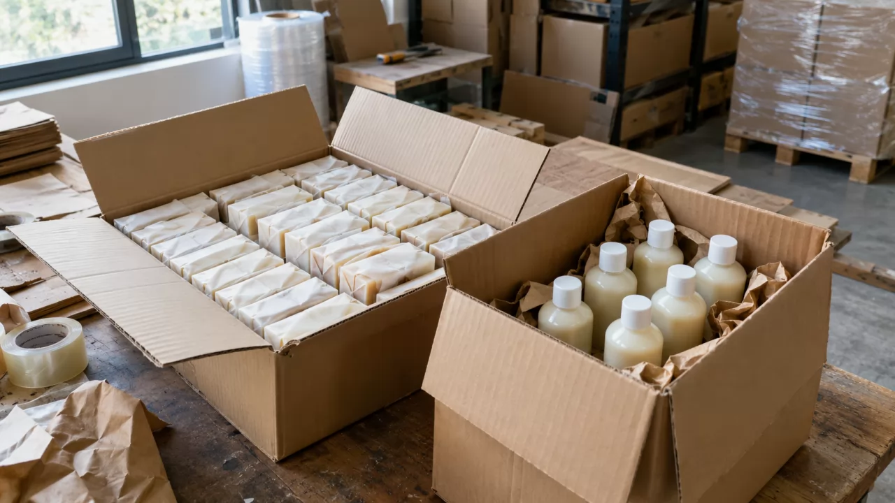 Deux cartons d'expédition, l'un de savons solides, l'autre de flacons de gel douche