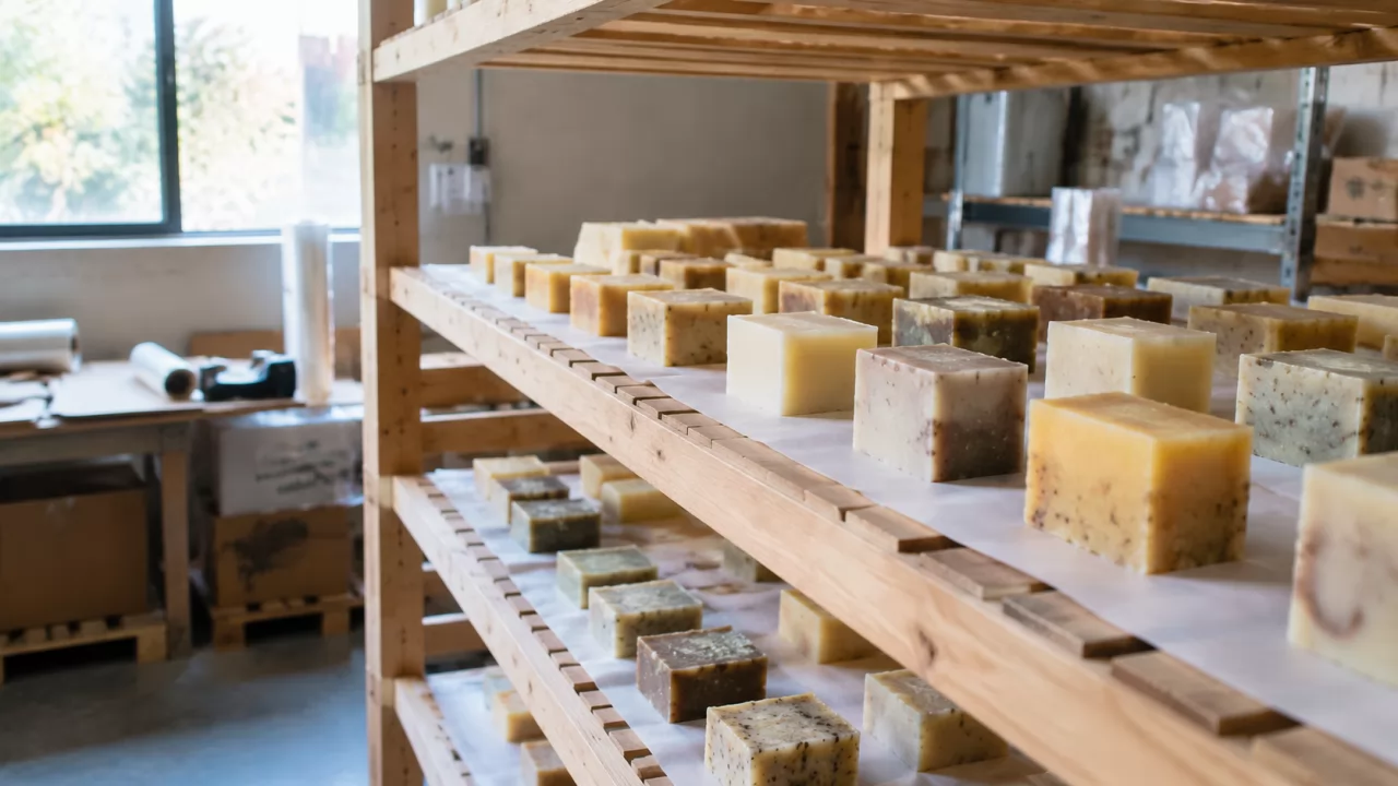 Barres de savon à froid alignées sur une étagère de séchage bien aérée