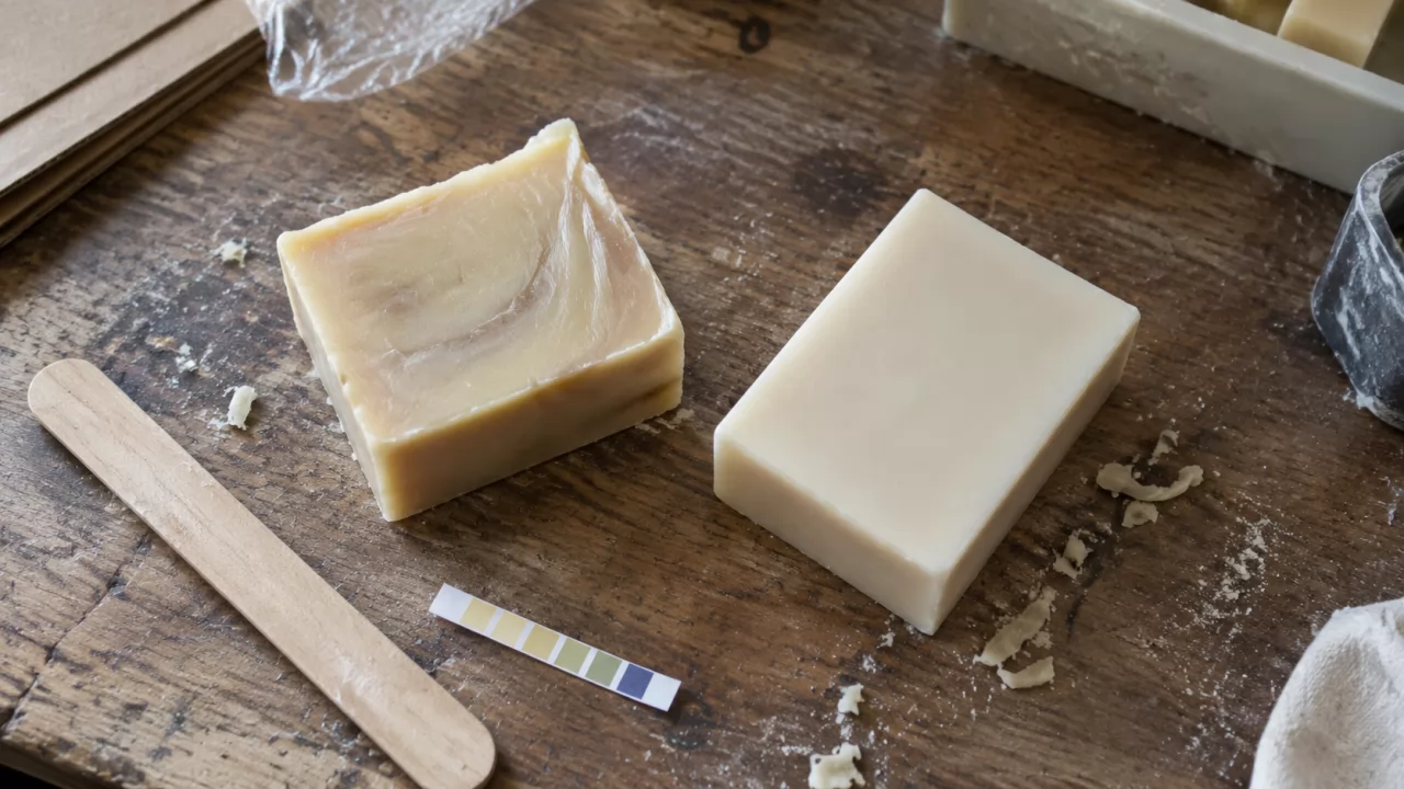 product-1280-720 Zwei verschiedene Shampoo-Riegel mit pH-Teststreifen auf einem Holztisch