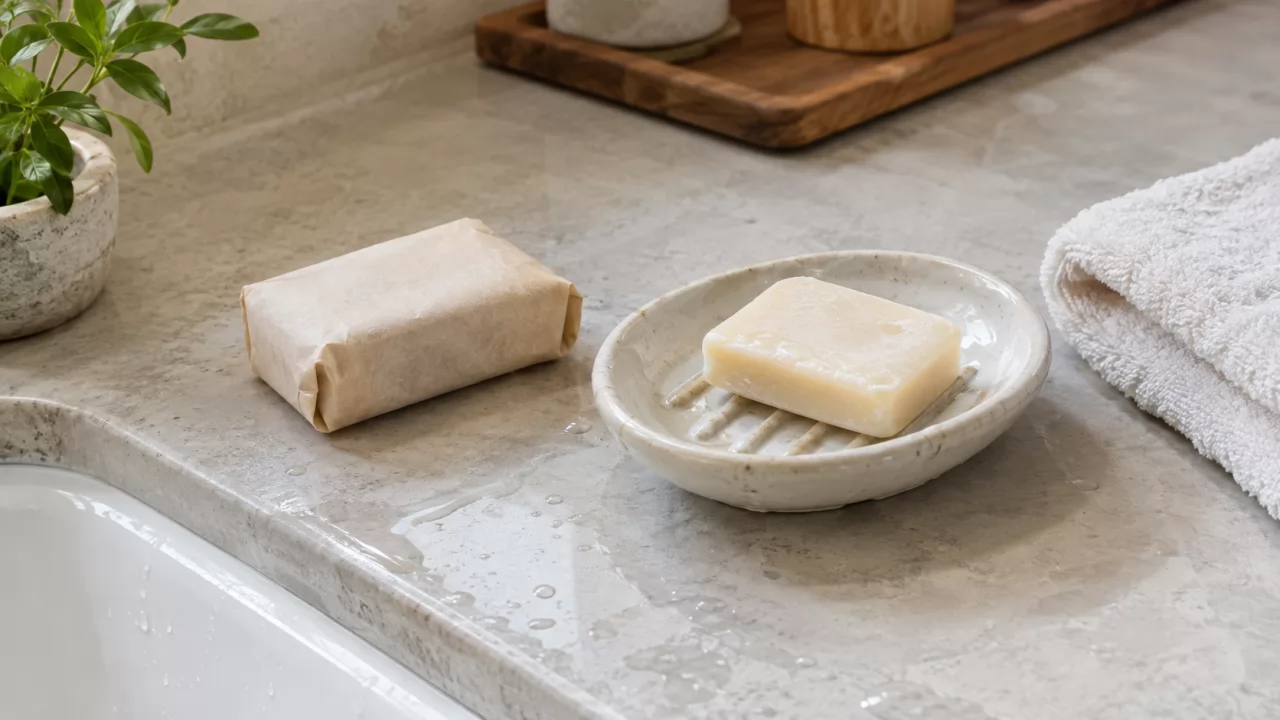 Savon emballé et savon dans un porte-savon drainant dans une salle de bain de spa